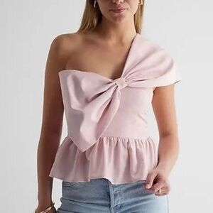 Express One Shoulder Statement Bow Corset Peplum Top Bubble Pink